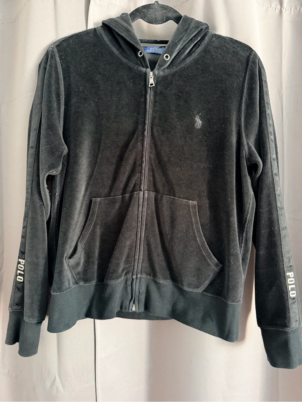 Polo by Ralph Lauren Women Black Velour Full-Zip Hoodie with Sleeve Logo